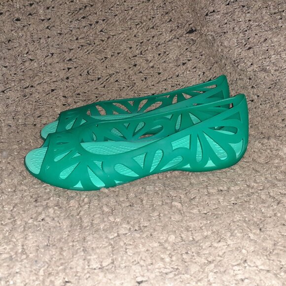 CROCS-Adrina Open Toe Slip On Jelly Flats Cut Out-Turquoise/Green-Sz 7-Near Mint - Picture 2 of 7